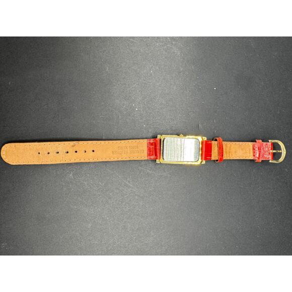 Clarins Paris Rectangular Gold Tone w/ White Dial Watch Red Leather Band Working - Picture 9 of 13